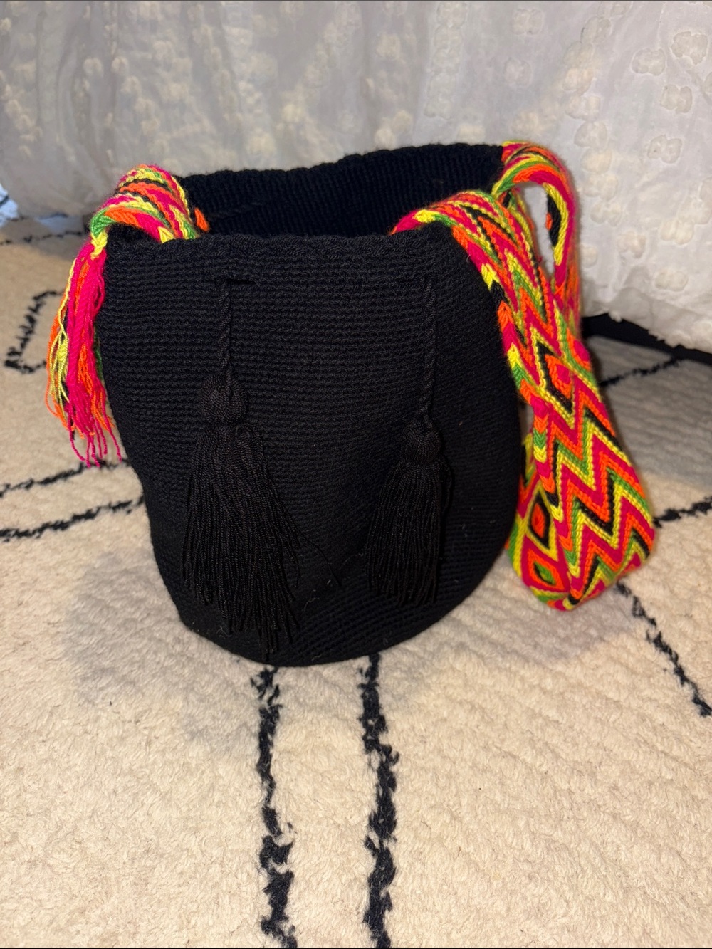 Handwoven Black Colombian Bucket Bag with Neon Strap